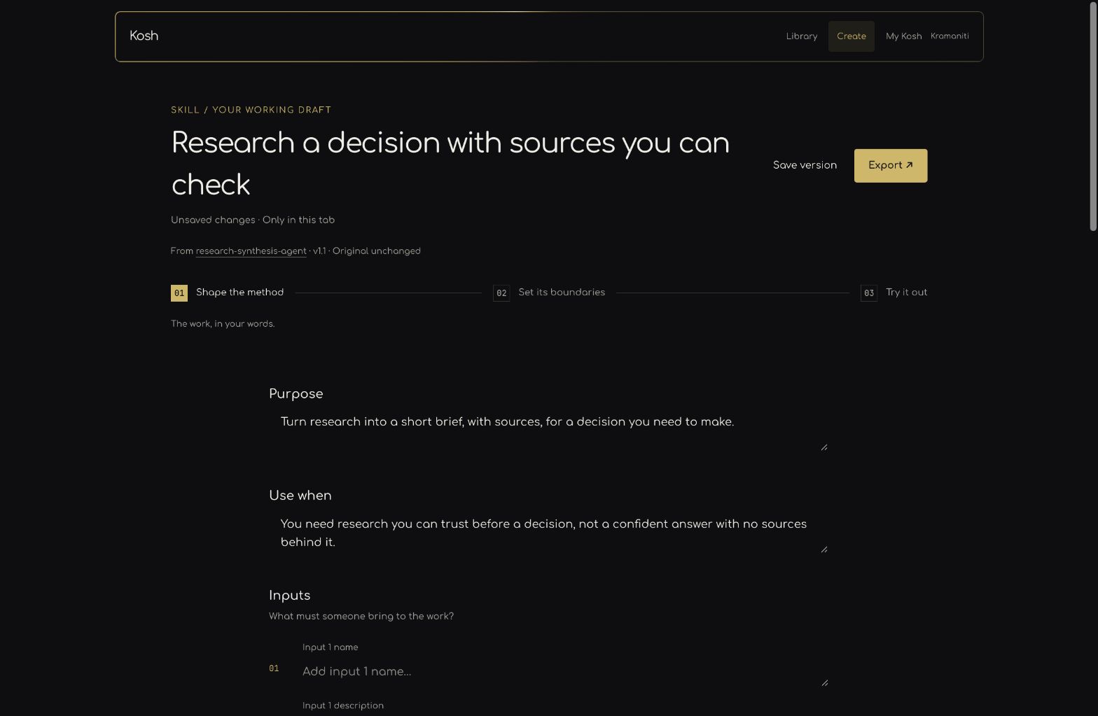 Kosh create interface