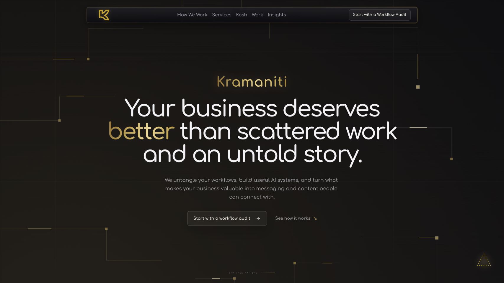 Kramaniti homepage showing its dark and gold narrative system